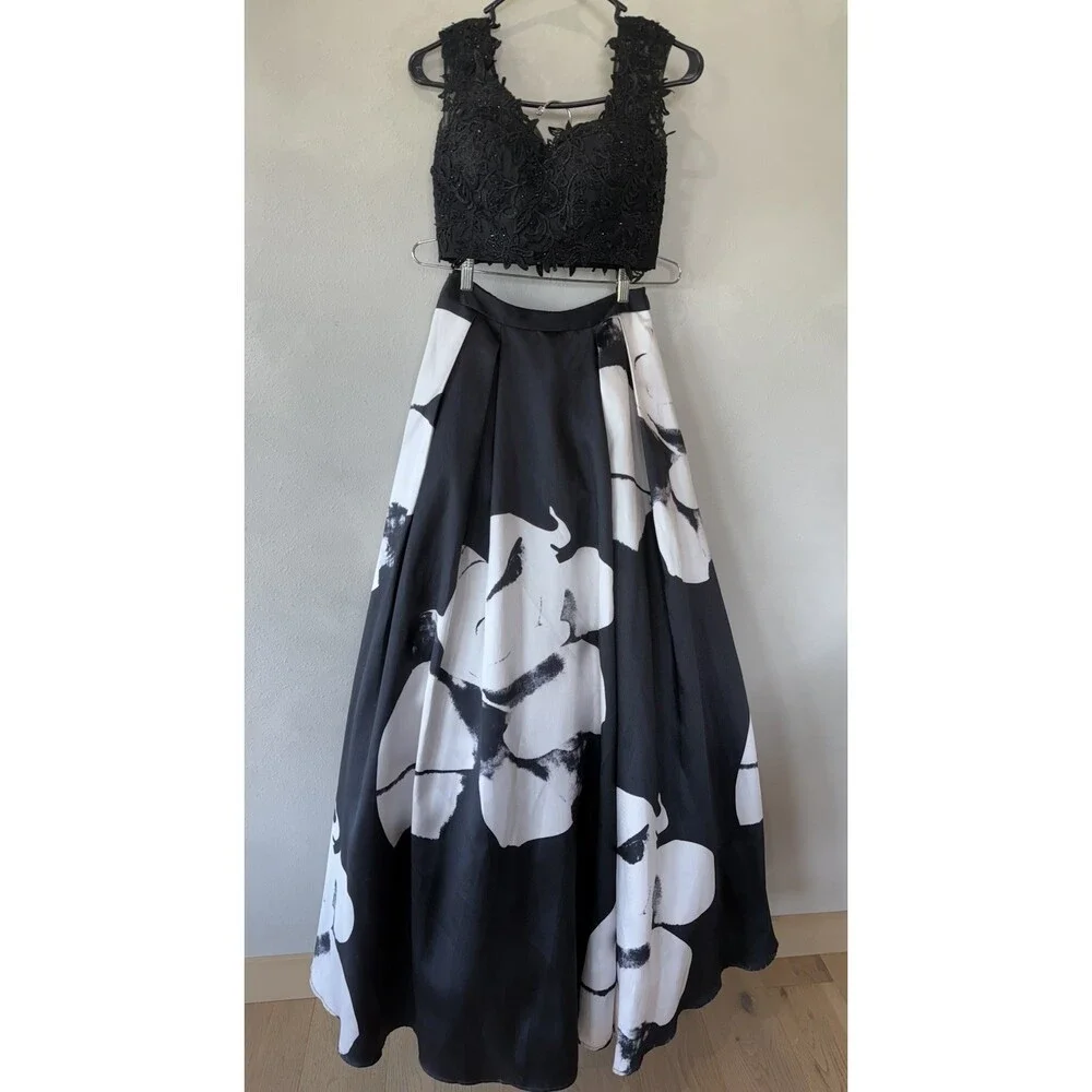 Madison James Women’s Gown Dress 0 2 XS Prom Formal Maxi Top Skirt Black White - Picture 1 of 9